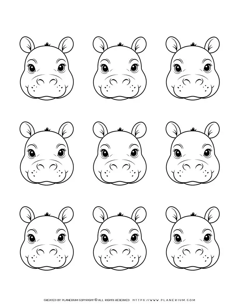 103-nine-hippo-face-outlines-illustration