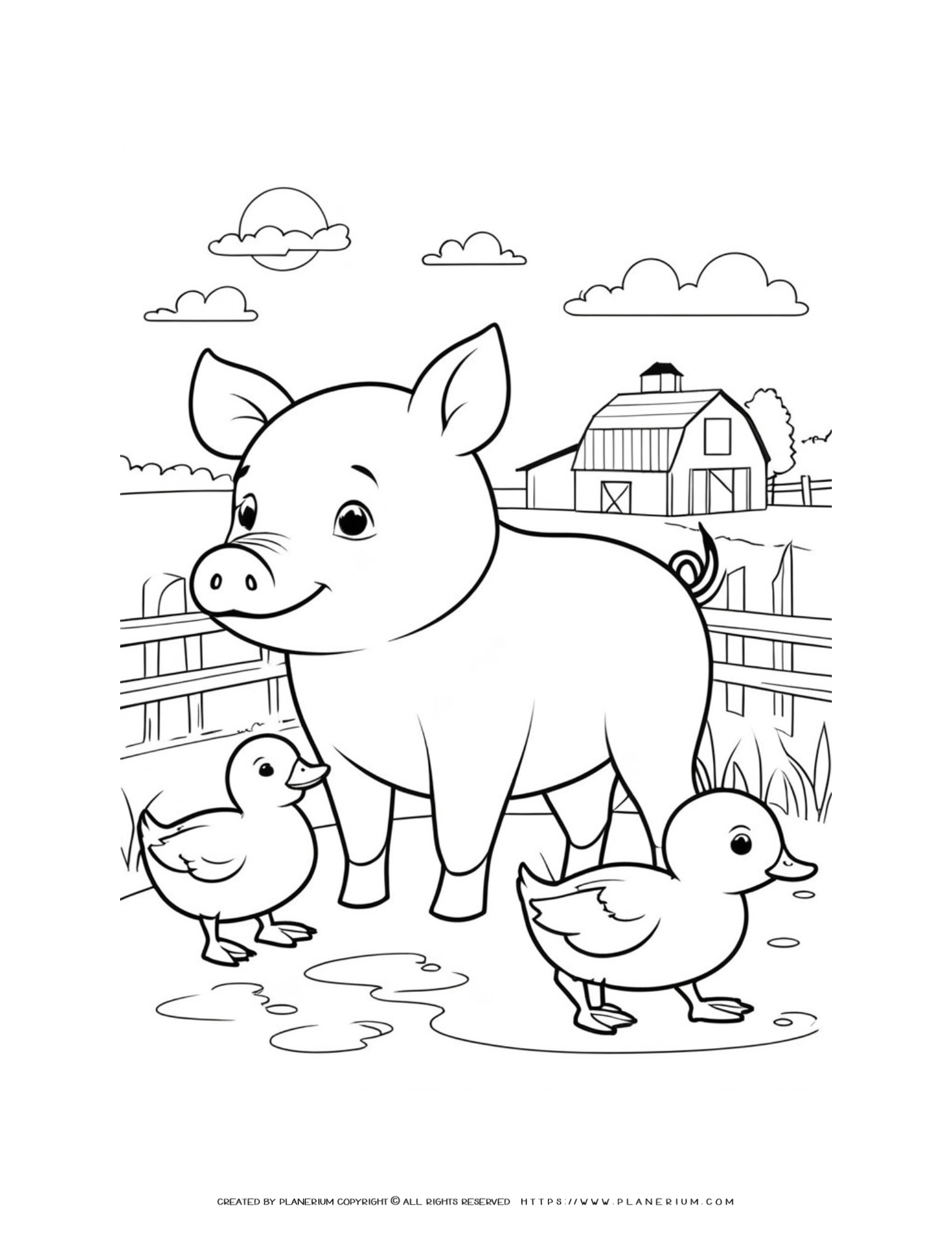 Cute Farm Animals Coloring Page for Children - Featuring a Pig and Two