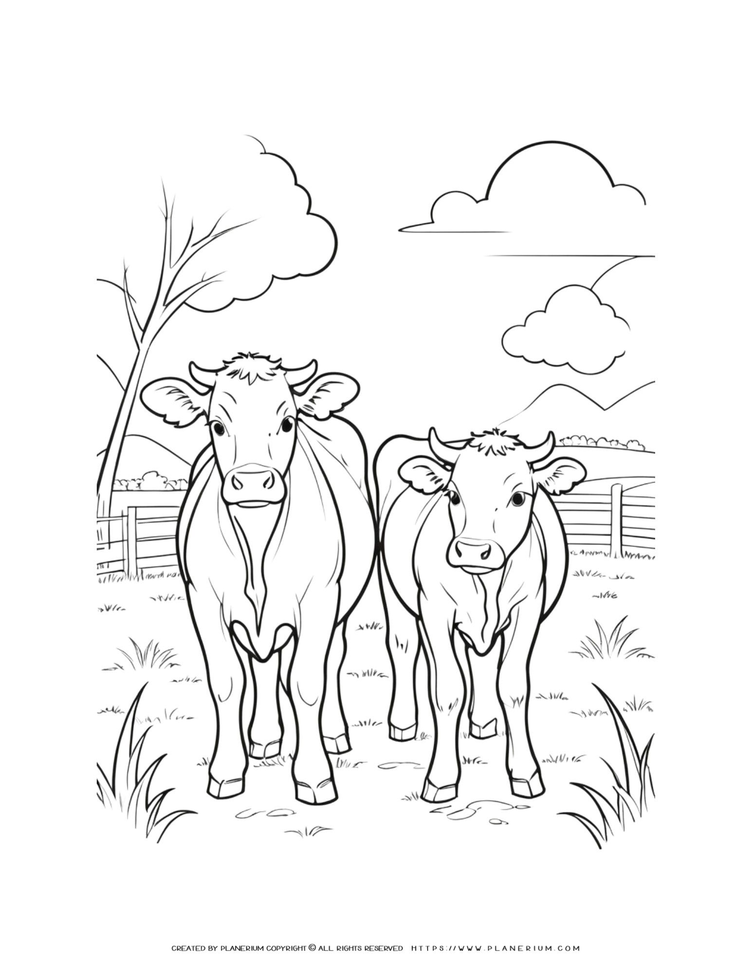 Charming Farm Animal Coloring Page Featuring Two Cows In A Field