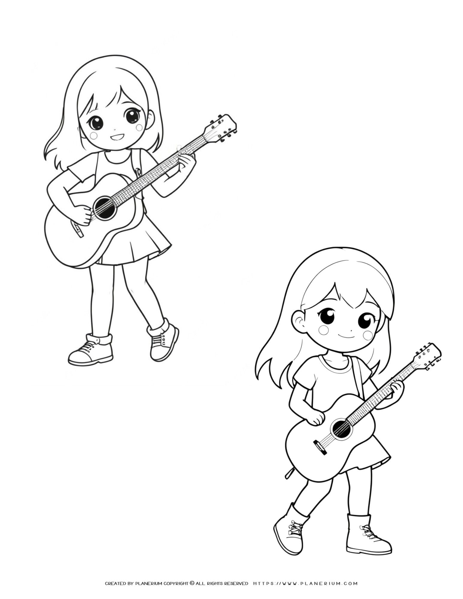 Hand Drawn Illustrations of Duo Girls Playing Guitar - Women with Guitars