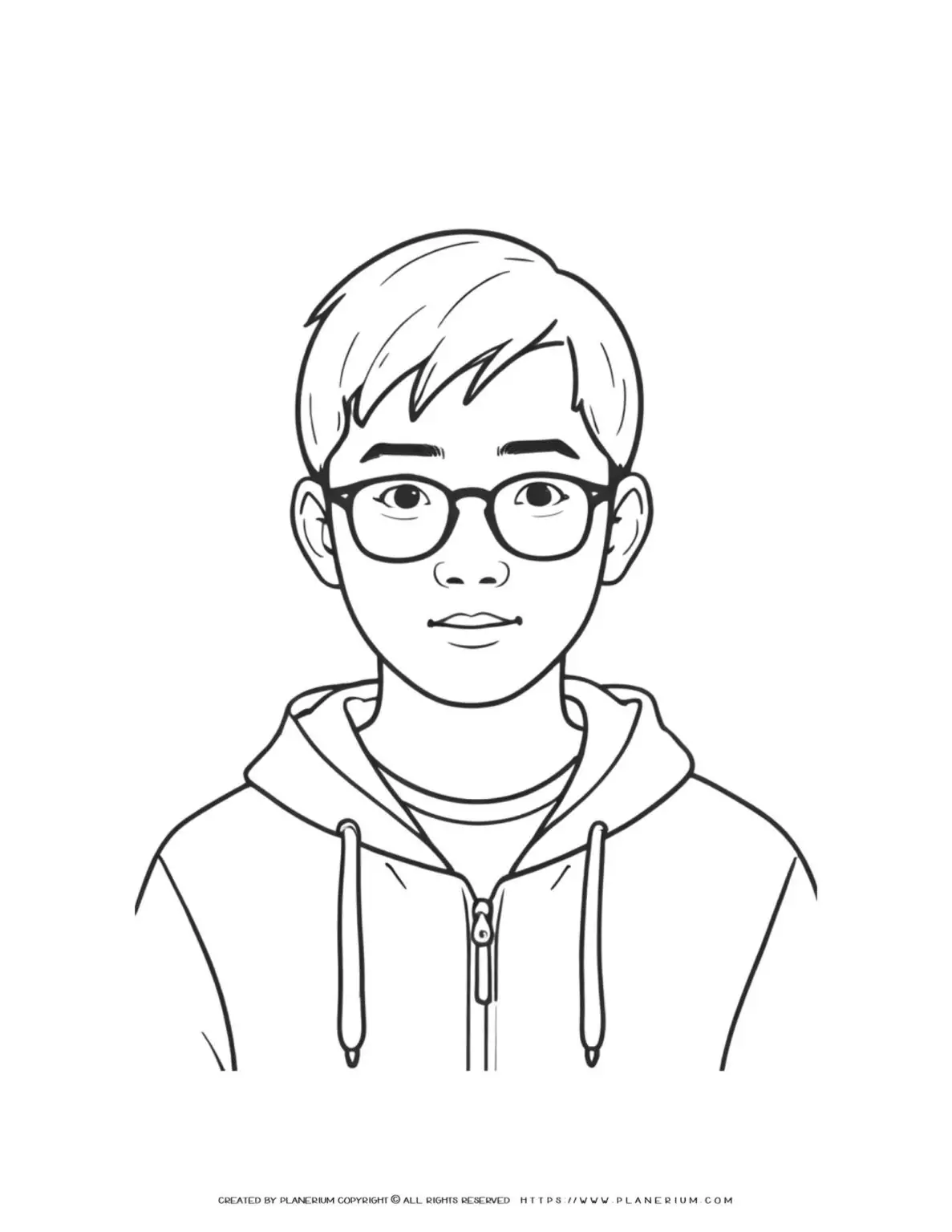 Drawing of a boy with glasses and hoodie.