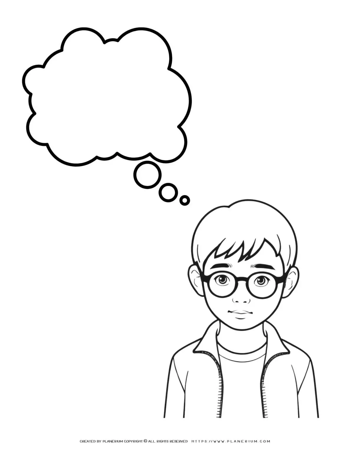 Boy with glasses and thought bubble.