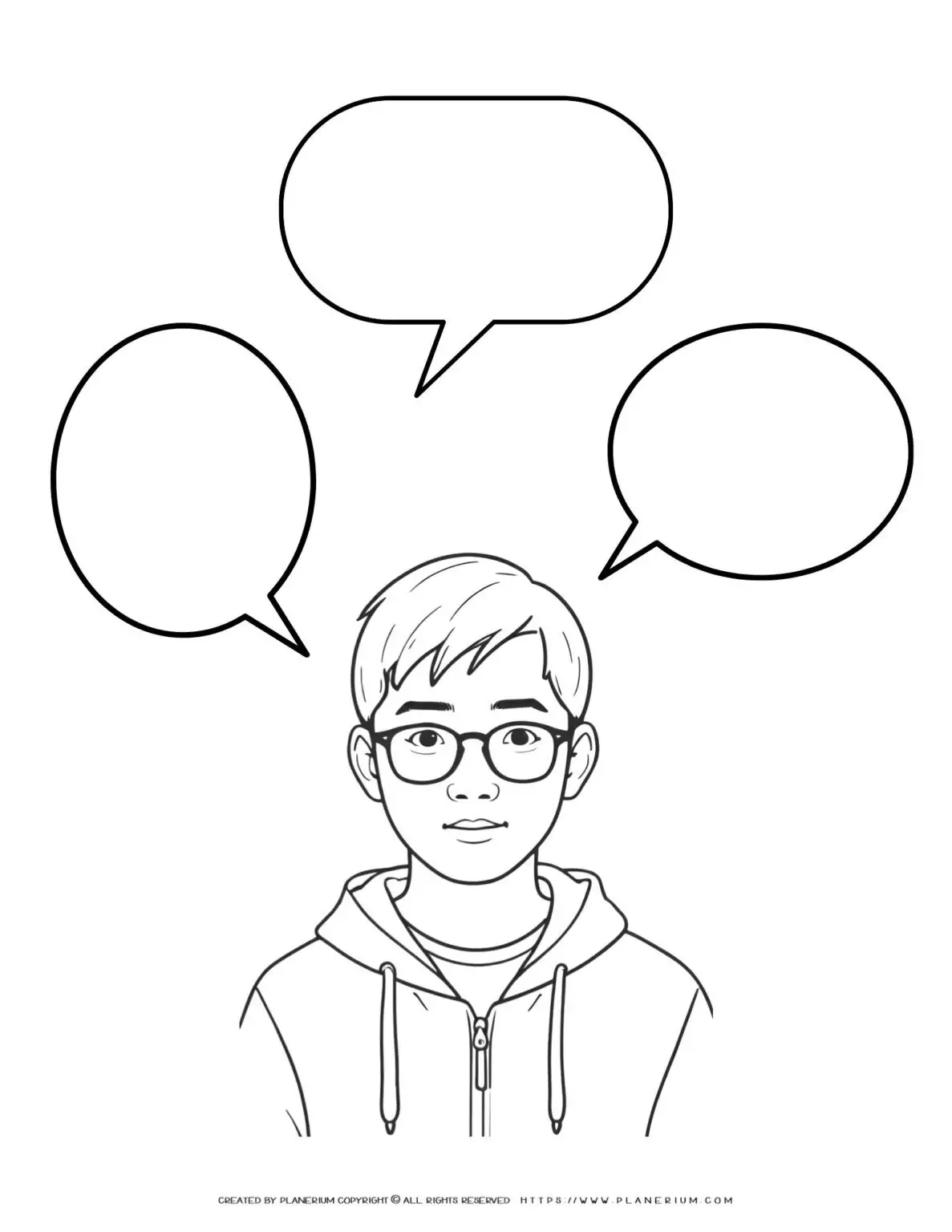 Boy with speech bubbles coloring page