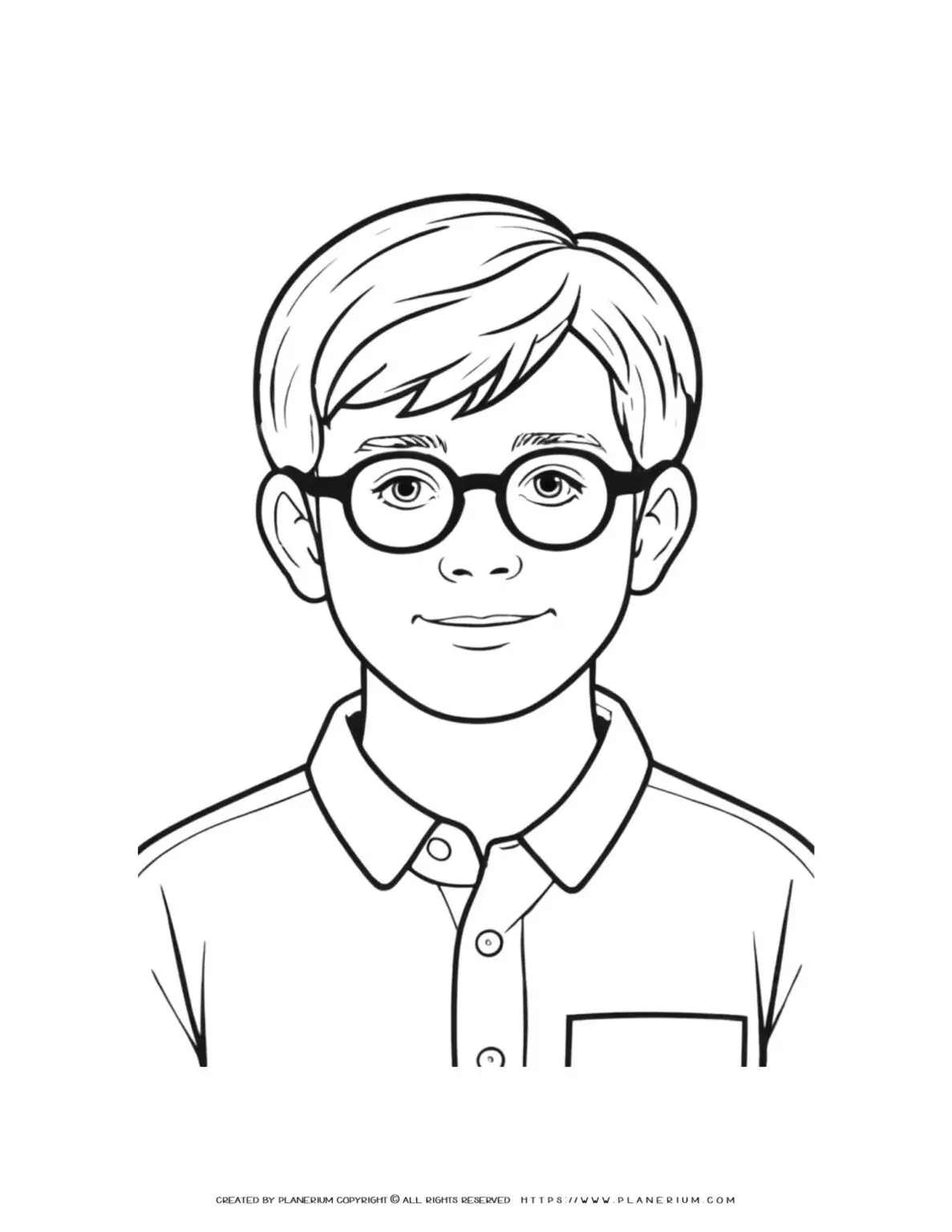 Black and white drawing of a boy with glasses.
