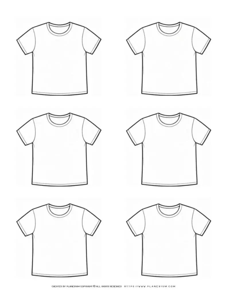 Six blank T-shirt templates in a grid layout.