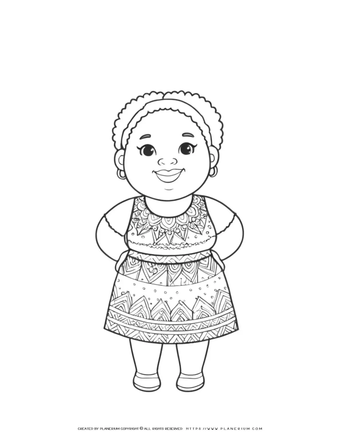 Coloring page of smiling woman in patterned dress.
