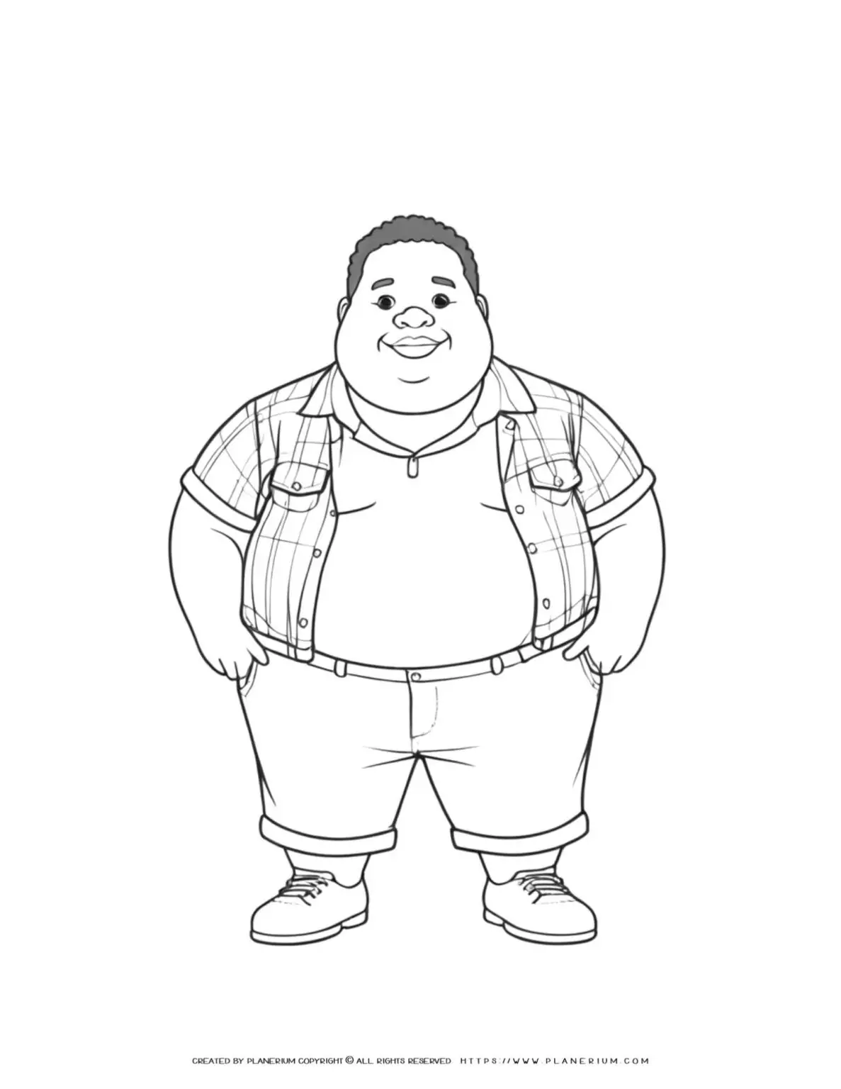 Cartoon character standing and smiling.