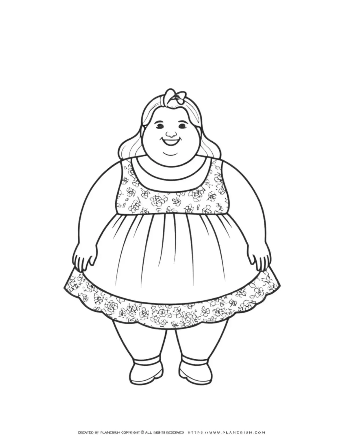 Coloring page of girl in floral dress.