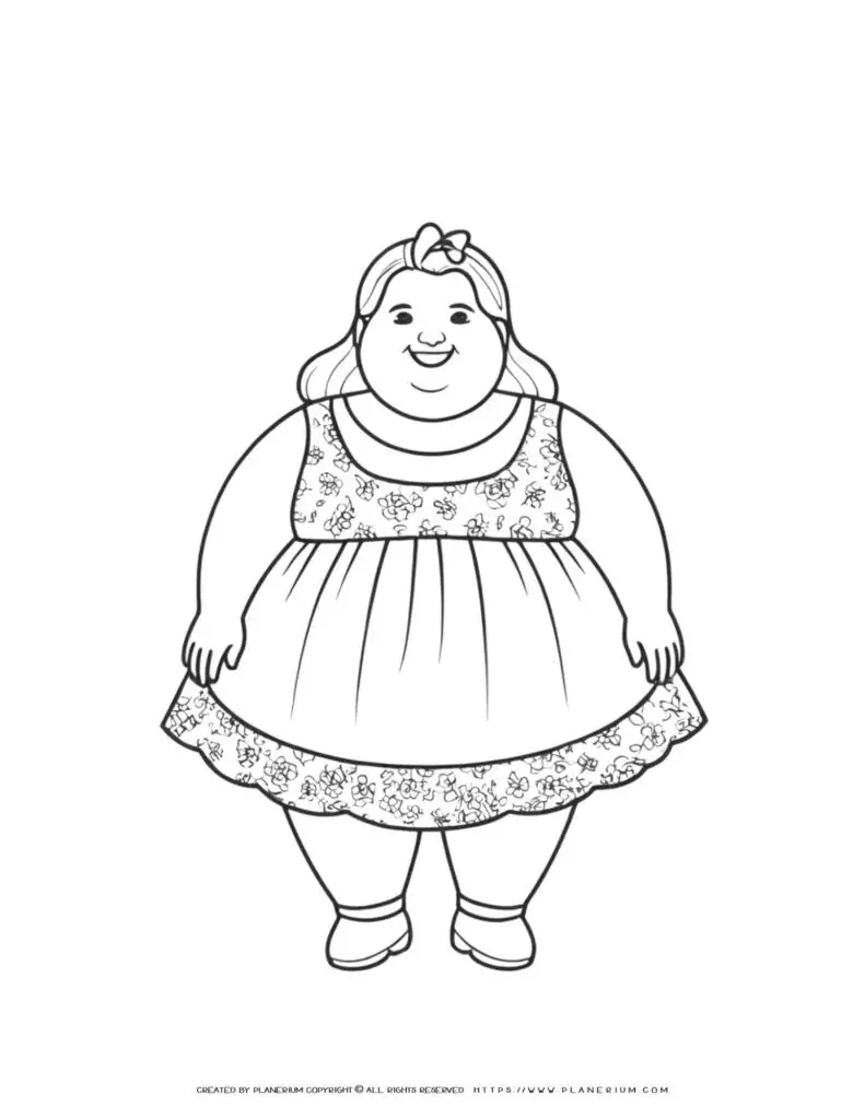 Coloring page of girl in floral dress.
