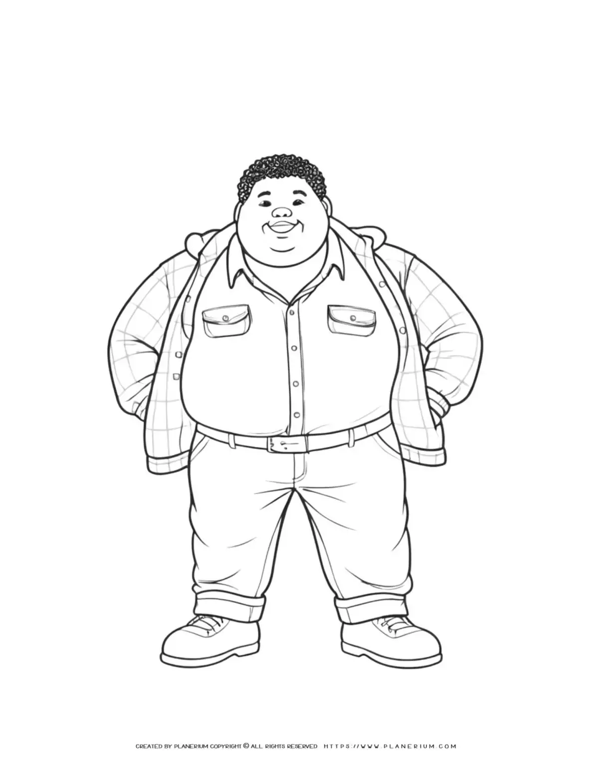 Animated character with curly hair in casual clothing.