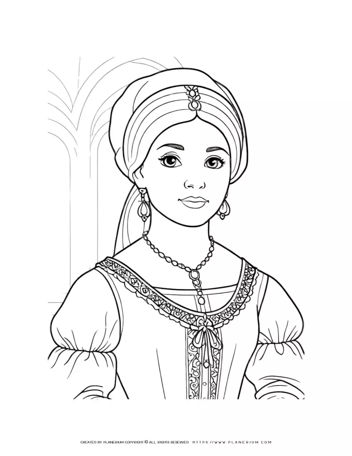 Historical illustration coloring page of a 16th century woman in Ottoman dress, set against a simple background. Ideal for educational purposes.