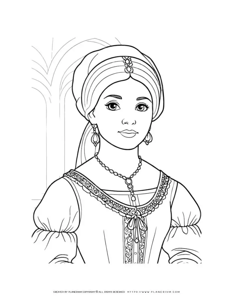 Historical illustration coloring page of a 16th century woman in Ottoman dress, set against a simple background. Ideal for educational purposes.