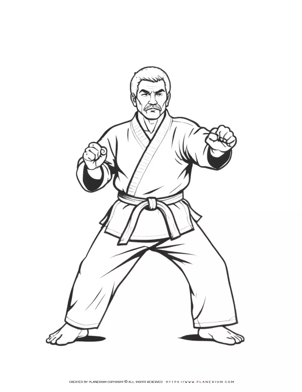 Karate pose coloring page featuring a male character in action. Perfect for kids and adults who love martial arts and coloring activities.