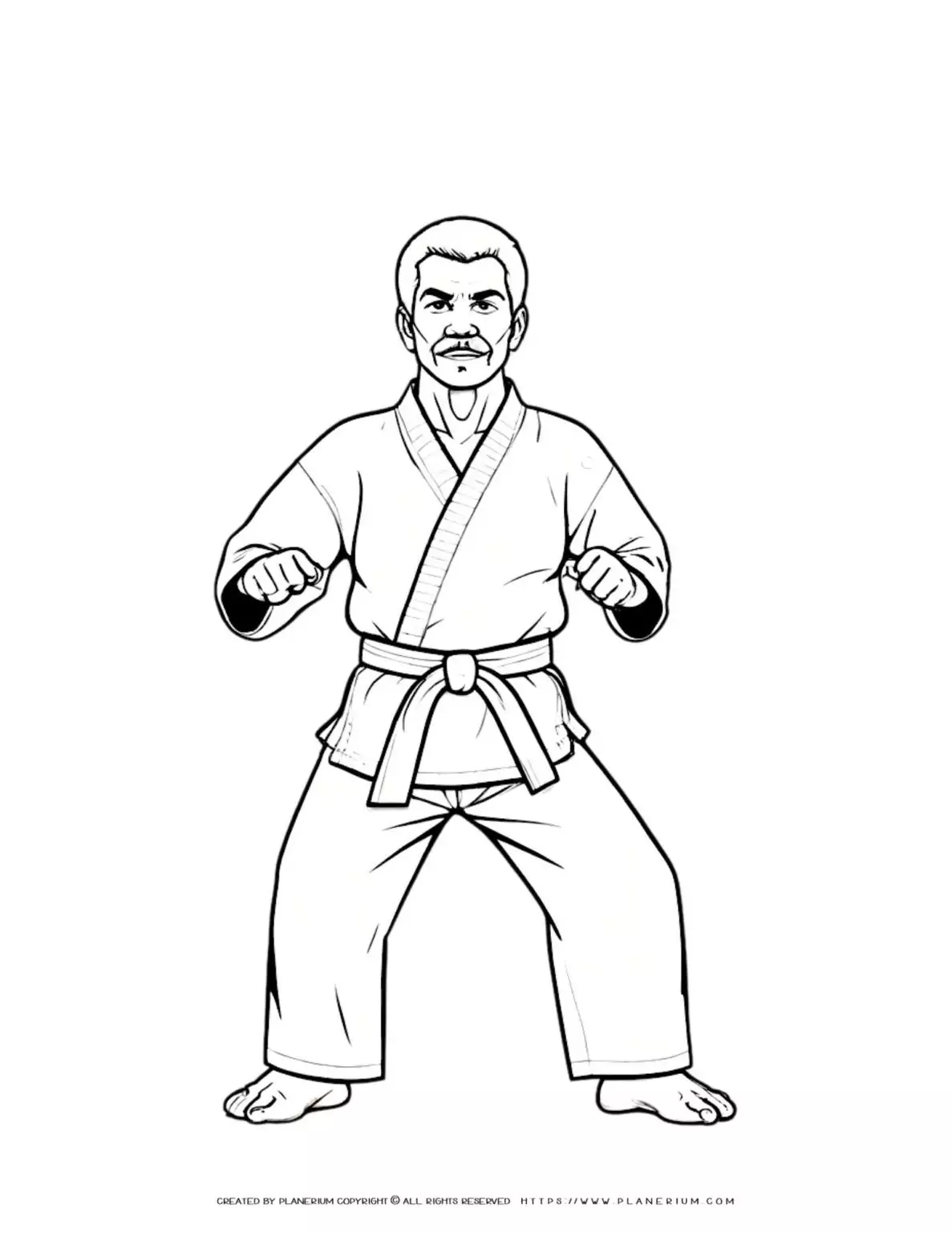 Karate coloring page featuring a male in a karate suit. Perfect for kids and adults who love martial arts. Ideal for relaxation and creativity.
