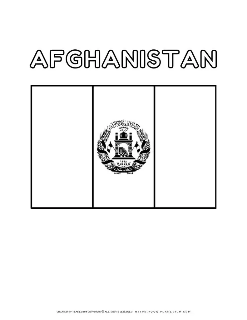 Afghanistan flag coloring page for kids to learn about
  national symbols and colors. Perfect for educational activities and patriotic
  crafts.