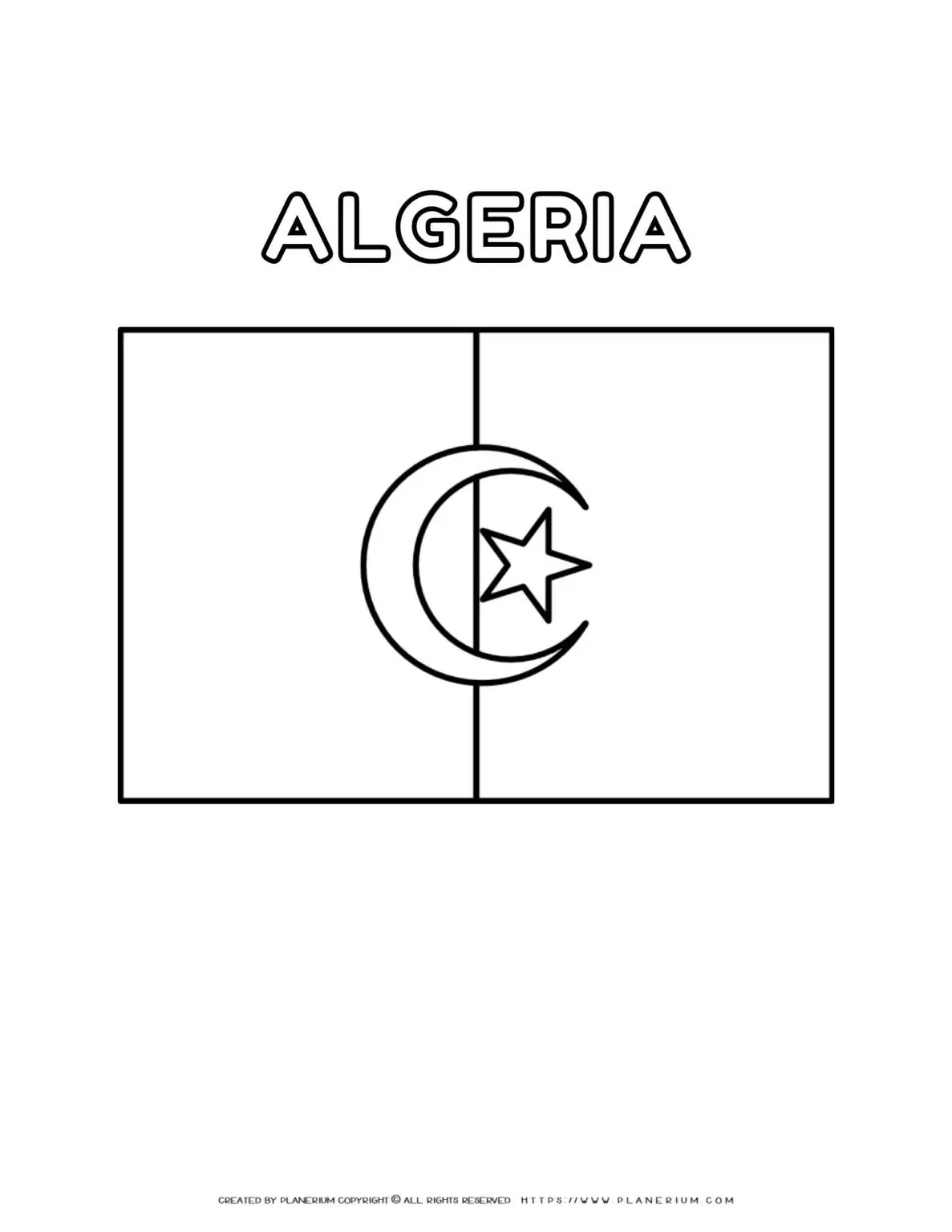 Algeria flag coloring page for kids to learn about Algerian culture and history. Perfect for educational activities and patriotic celebrations.
