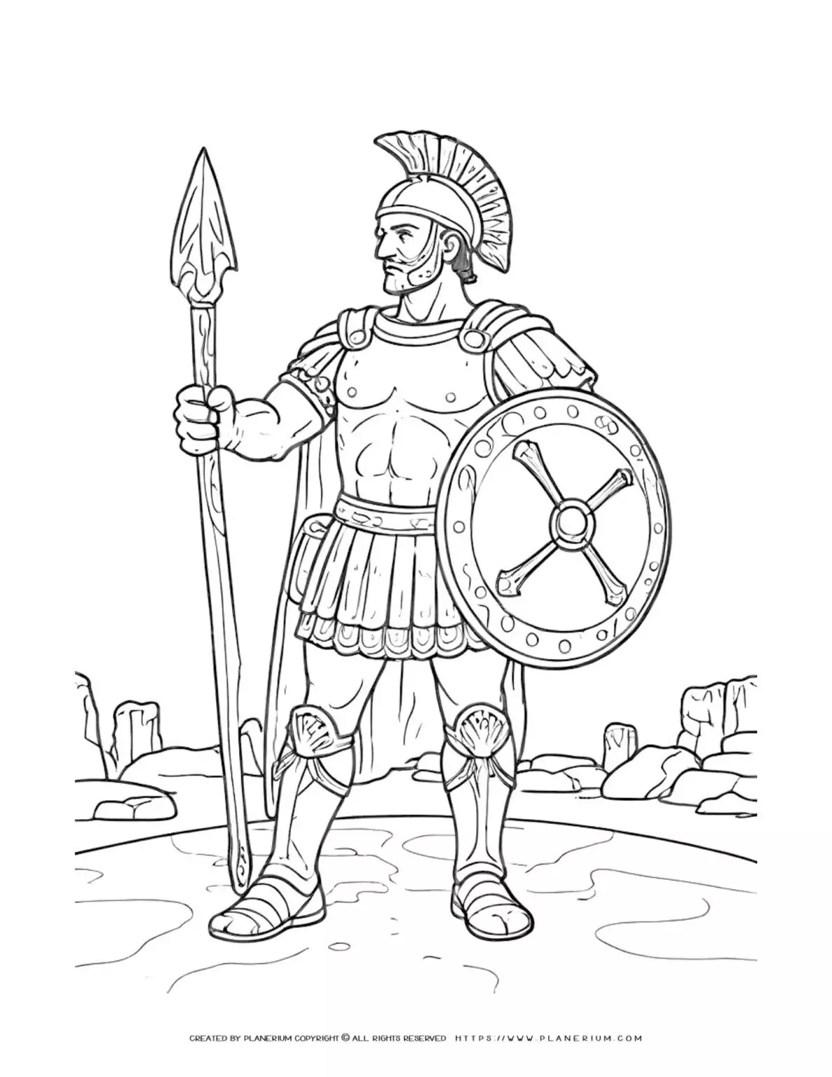 Ancient Roman soldier coloring page illustration for kids to enjoy and learn about history. Perfect for educational purposes and creative fun.