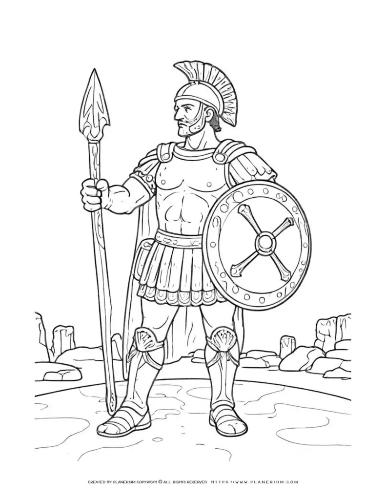 Ancient Roman soldier coloring page illustration for kids to enjoy and learn about history. Perfect for educational purposes and creative fun.