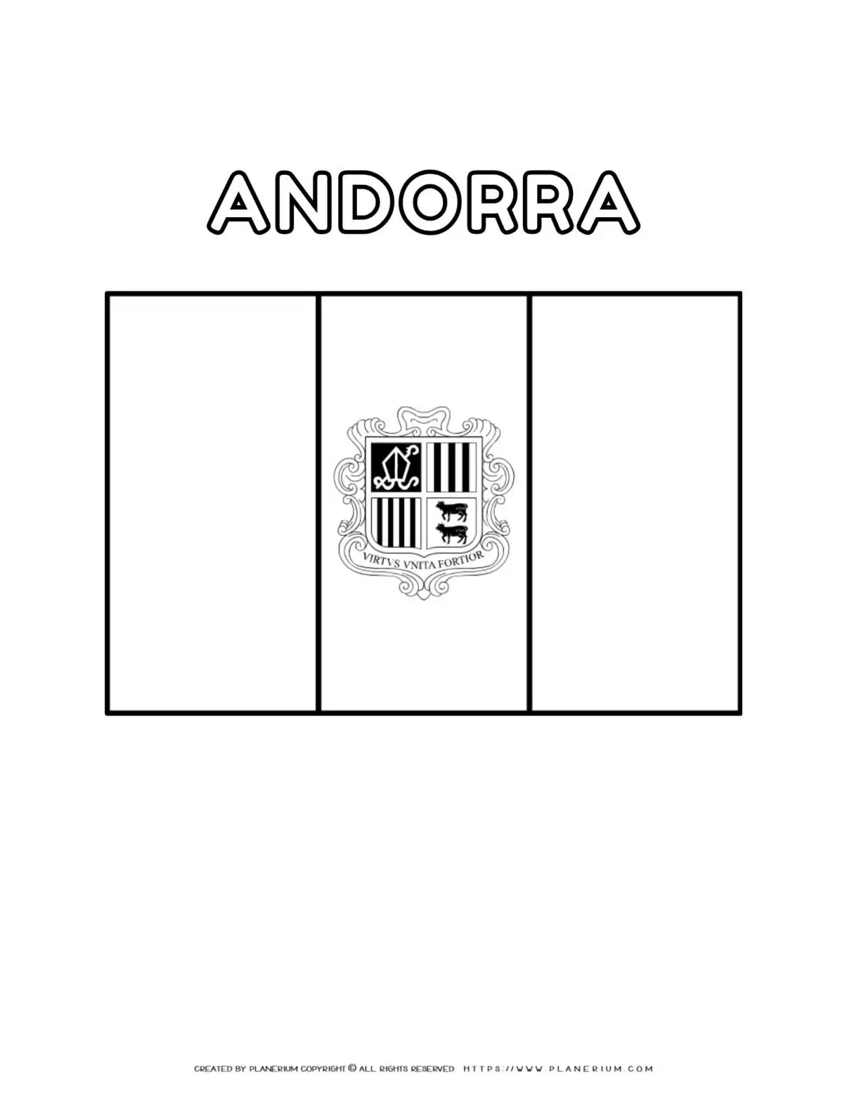 Andorra flag coloring page for kids to learn about national symbols. Perfect for educational activities and patriotic celebrations.