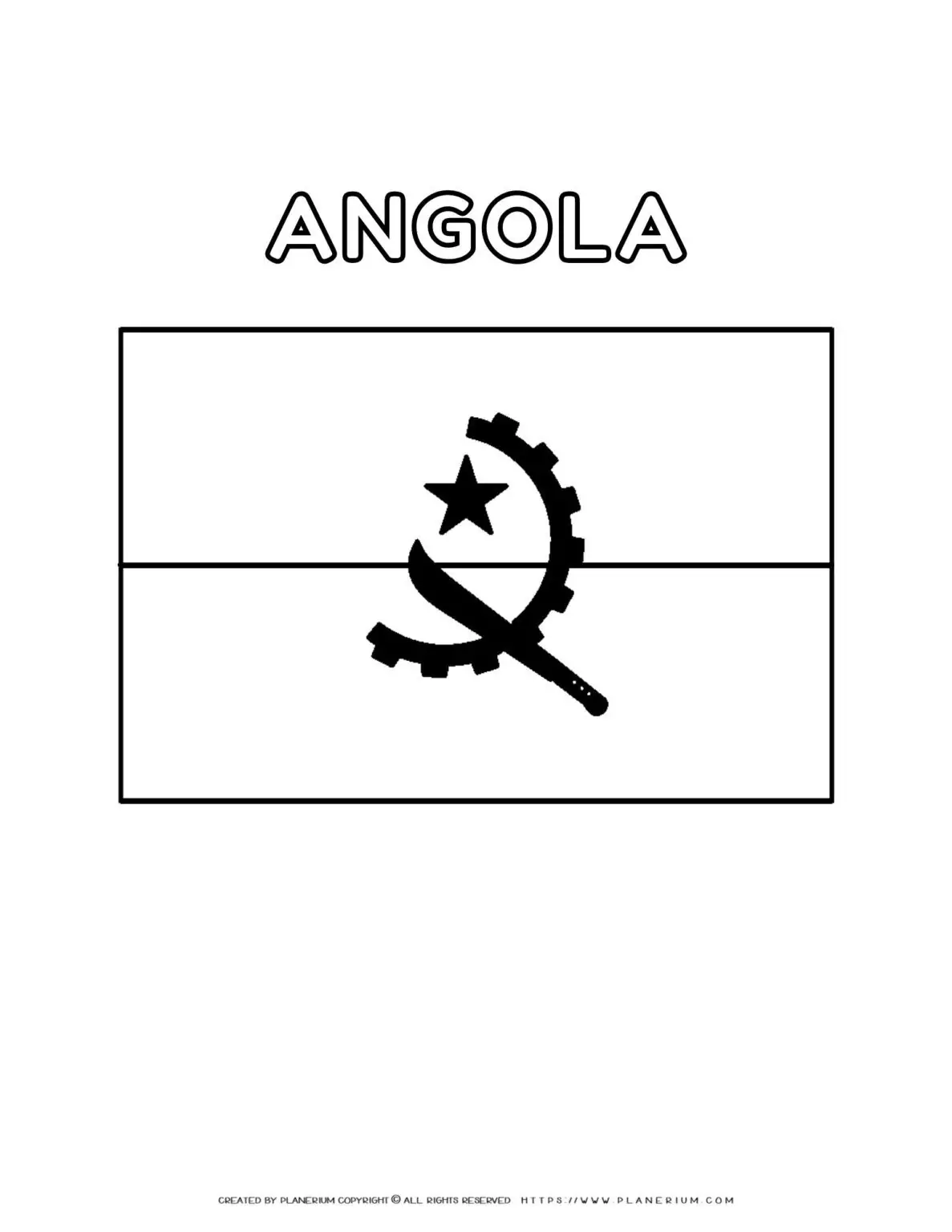 Angola flag coloring page for kids to learn about national symbols. Printable activity for educational purposes.