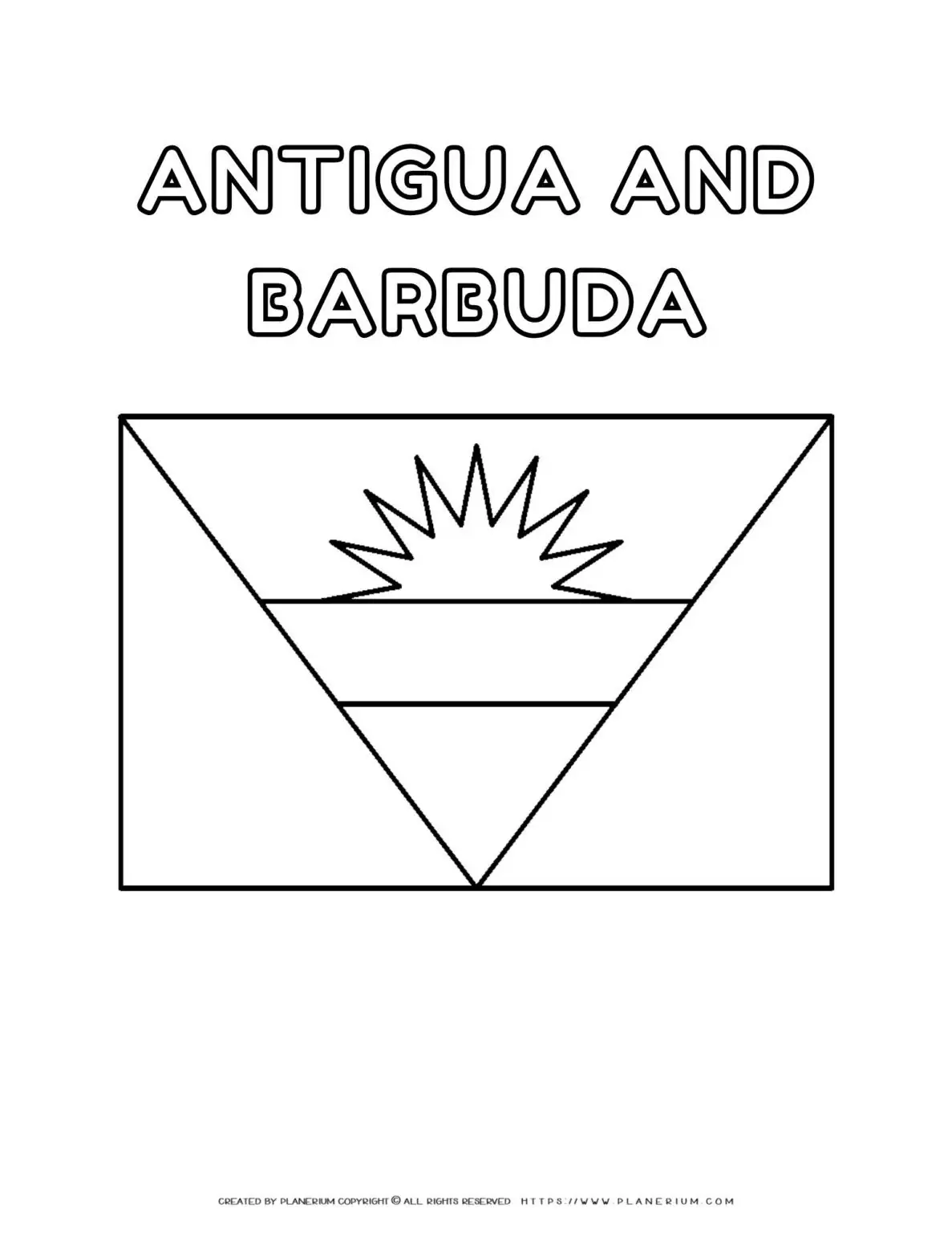 Antigua and Barbuda flag coloring page for kids, printable national flag activity. Ideal for learning about Caribbean countries and cultures.