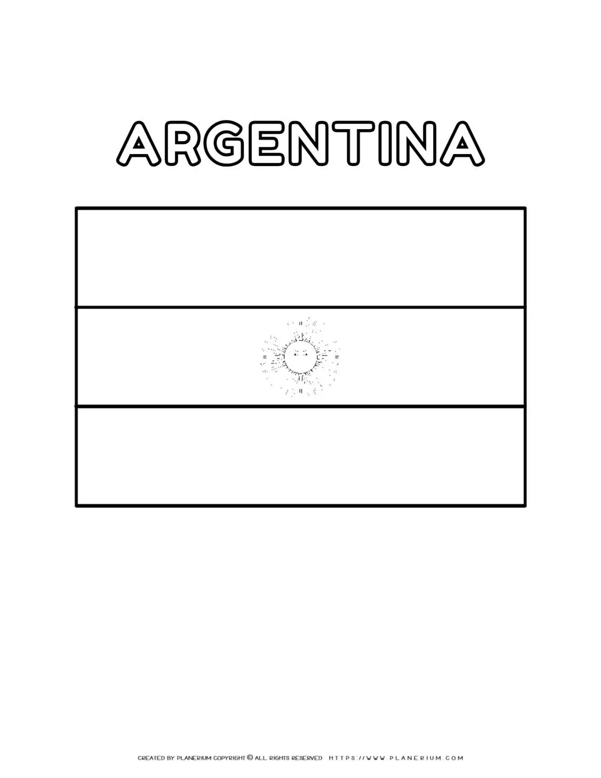 Argentina flag coloring page for kids to learn about South American countries. Printable activity for geography lessons and cultural education.