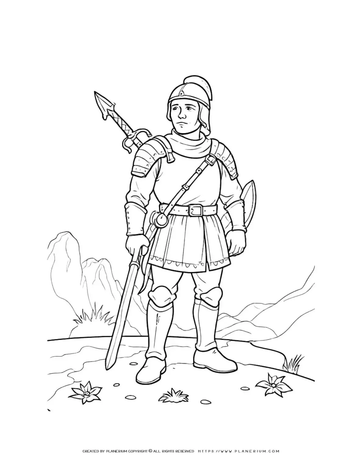 Armored knight with spear in mountain landscape coloring page illustration. Medieval warrior coloring sheet. Medieval knight drawing for kids.