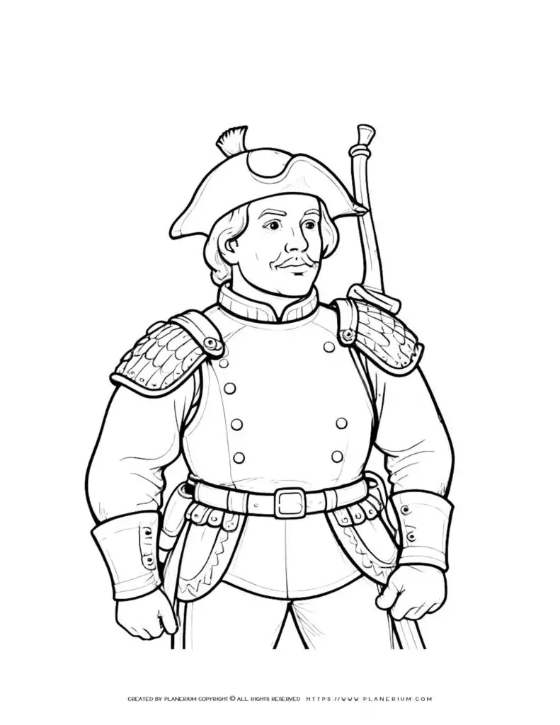 Armored soldier with bicorn hat military history illustration for coloring book. Ideal for history enthusiasts and educational purposes.