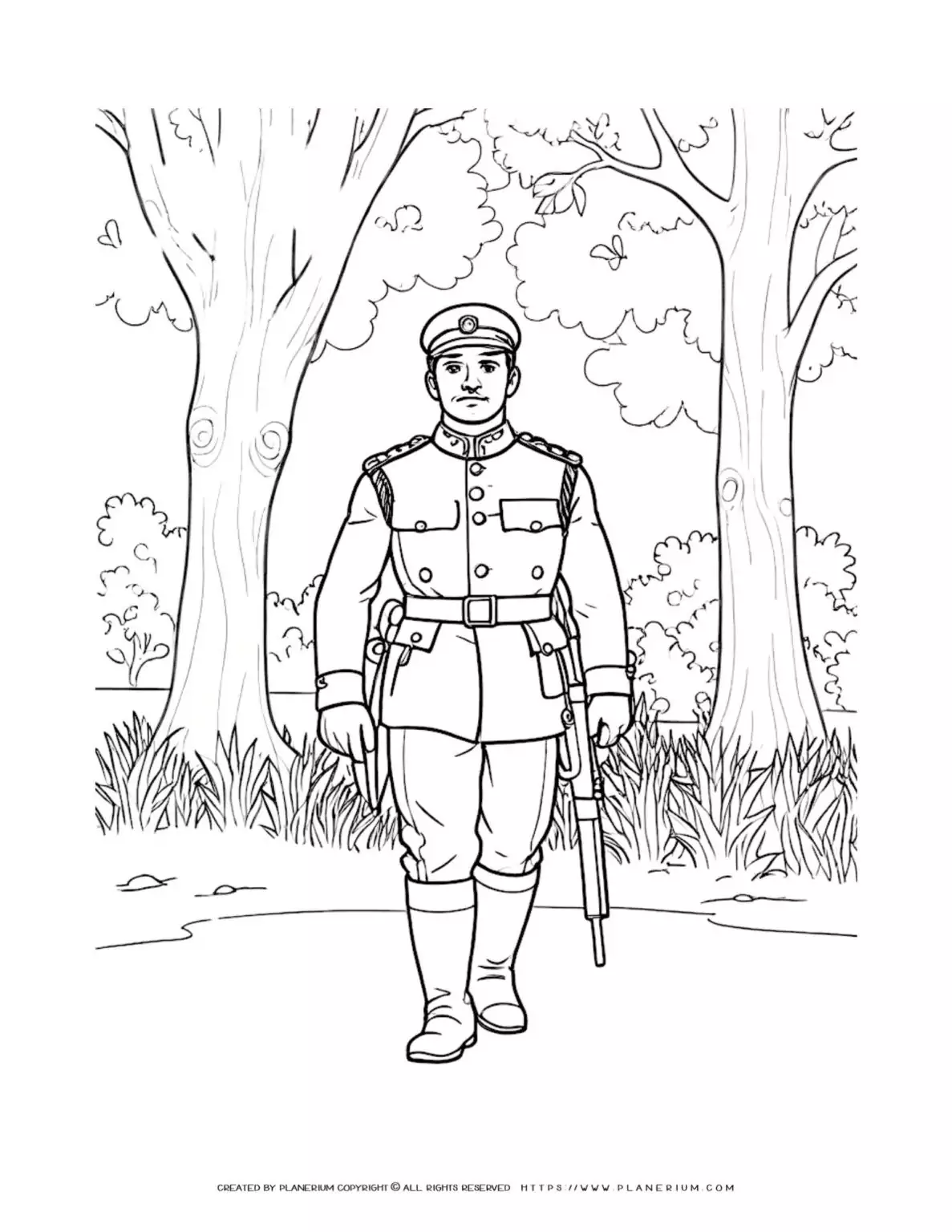 Army officer in woodland scene military uniform coloring sheet for kids to enjoy. Perfect for teaching about the armed forces and patriotism.