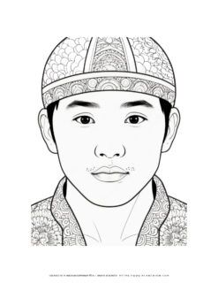 Asian boy wearing a detailed hat in a portrait coloring page for kids. Fun and educational activity for children to enjoy.