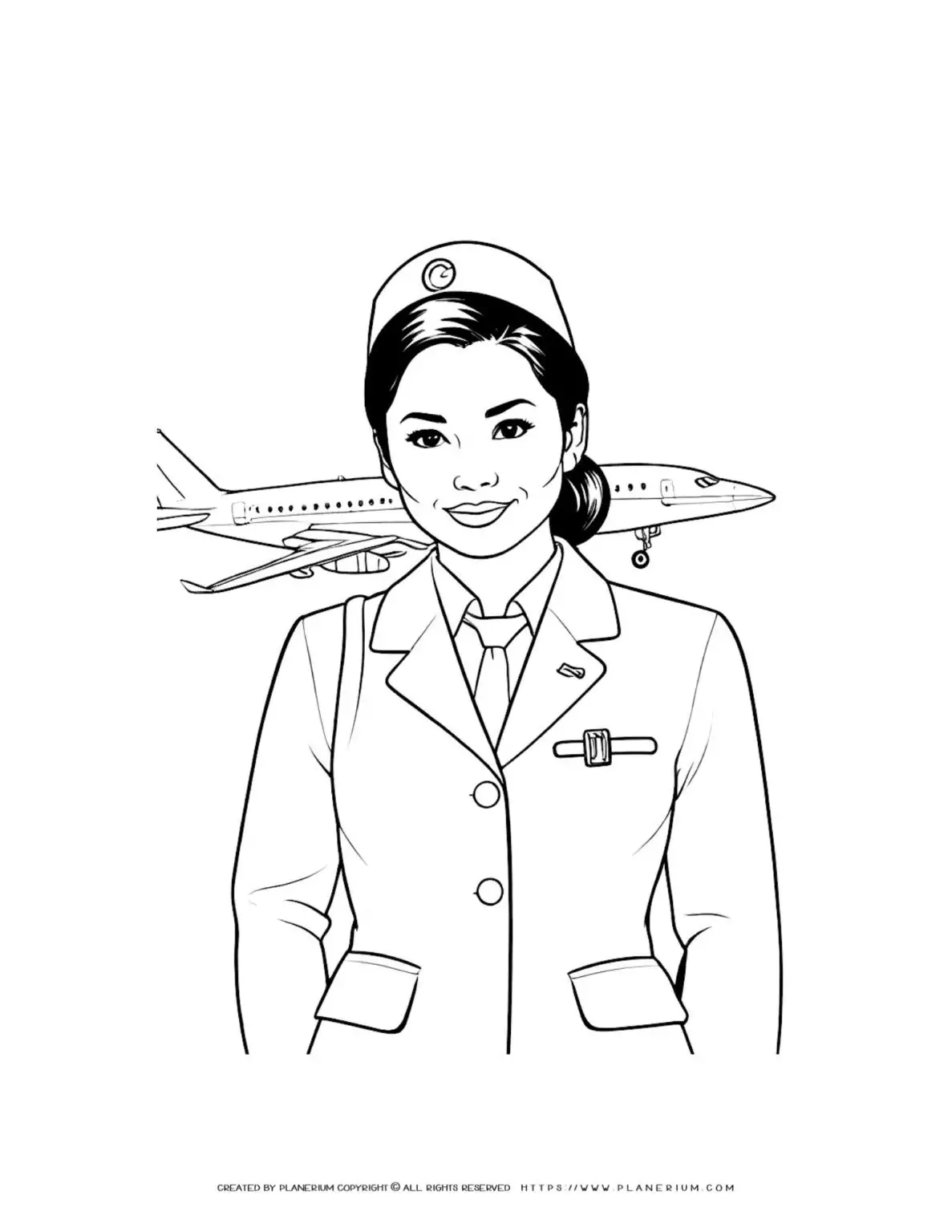 Asian flight attendant coloring page with airplane backdrop for kids to enjoy. Ideal for aviation enthusiasts and creative minds.