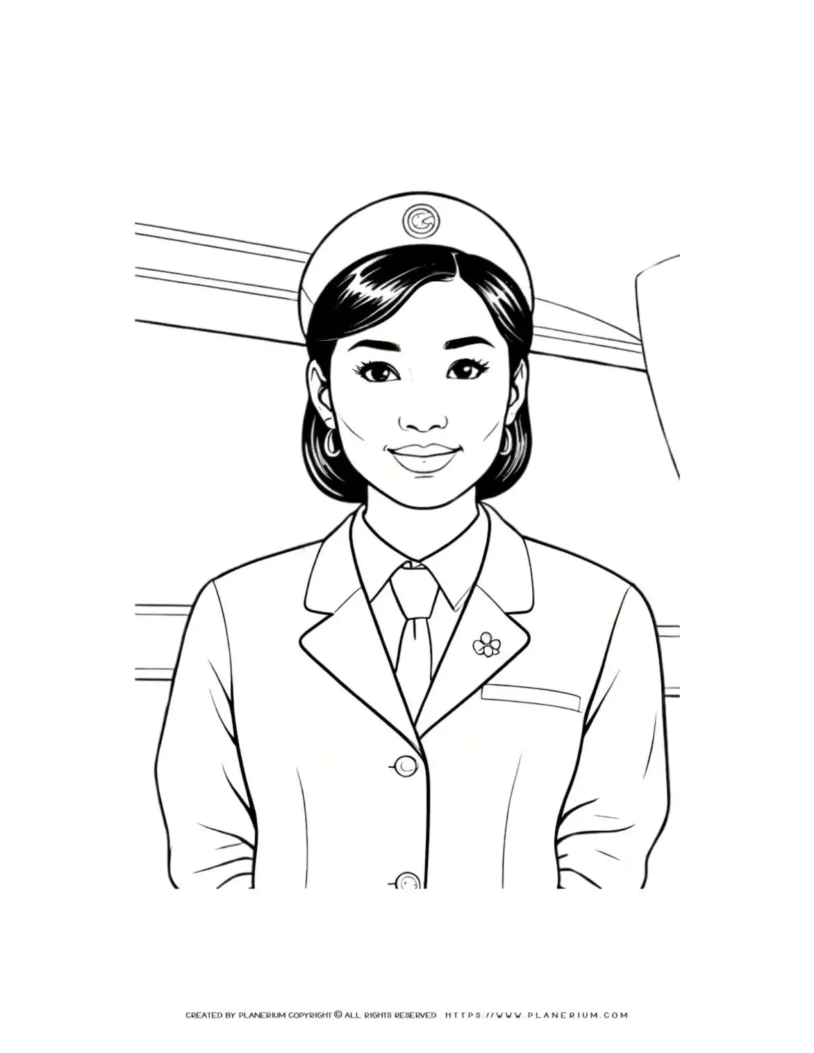 Asian flight attendant in uniform inside an airplane, coloring page for kids. Ideal for aviation enthusiasts and creative minds.