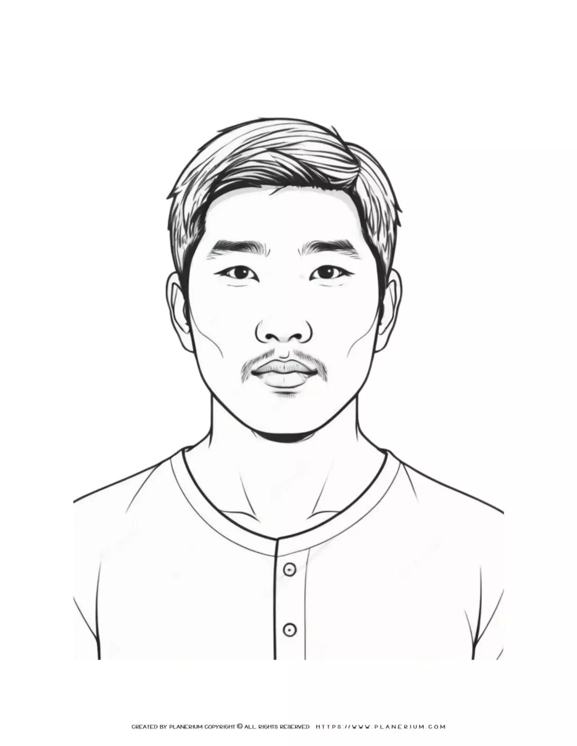Asian male portrait front view illustration coloring page for adults and kids. Perfect for relaxation and creativity. Ideal for art lovers and coloring enthusiasts.