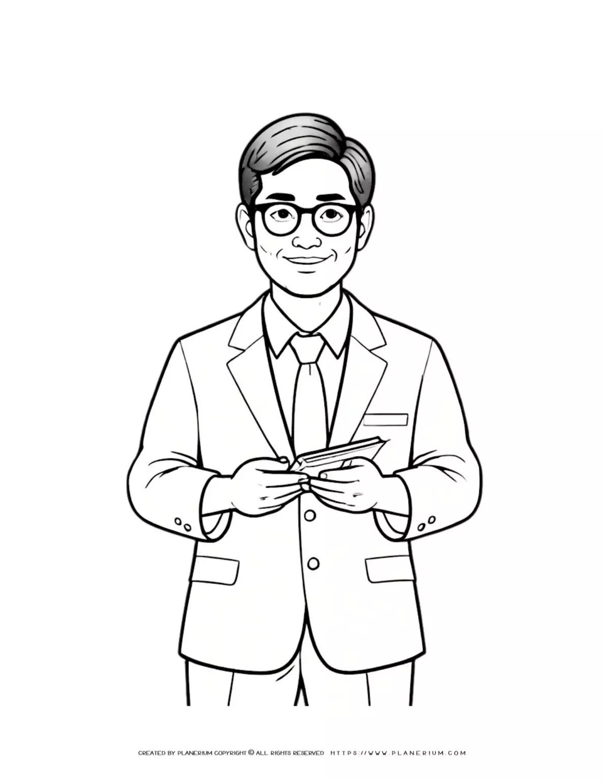 Asian man with glasses standing holding a book, printable coloring page for adults and kids. Ideal for relaxation and mindfulness activities.