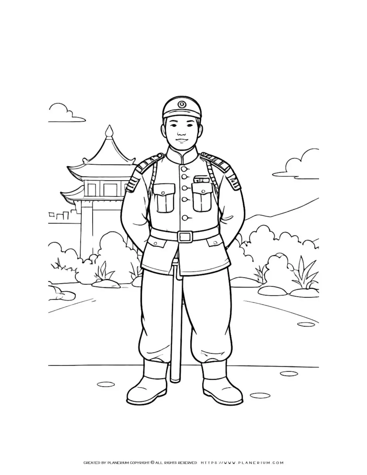 Asian military officer in traditional setting coloring page for kids to enjoy. Perfect for learning about different cultures and historical uniforms.