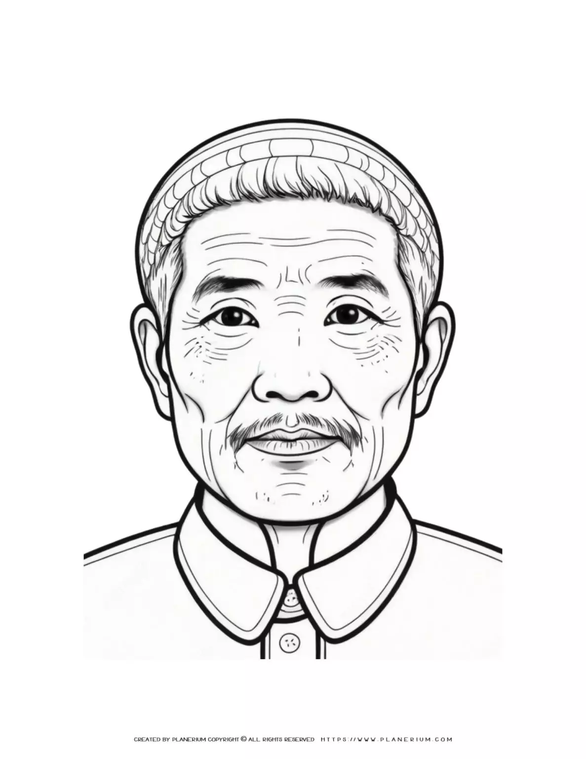 Asian elderly man portrait coloring page, front view. Traditional Asian male character illustration for coloring book.