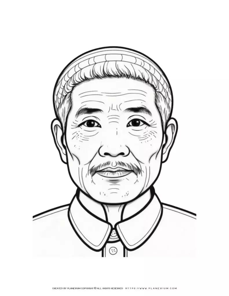 Asian elderly man portrait coloring page, front view. Traditional Asian male character illustration for coloring book.