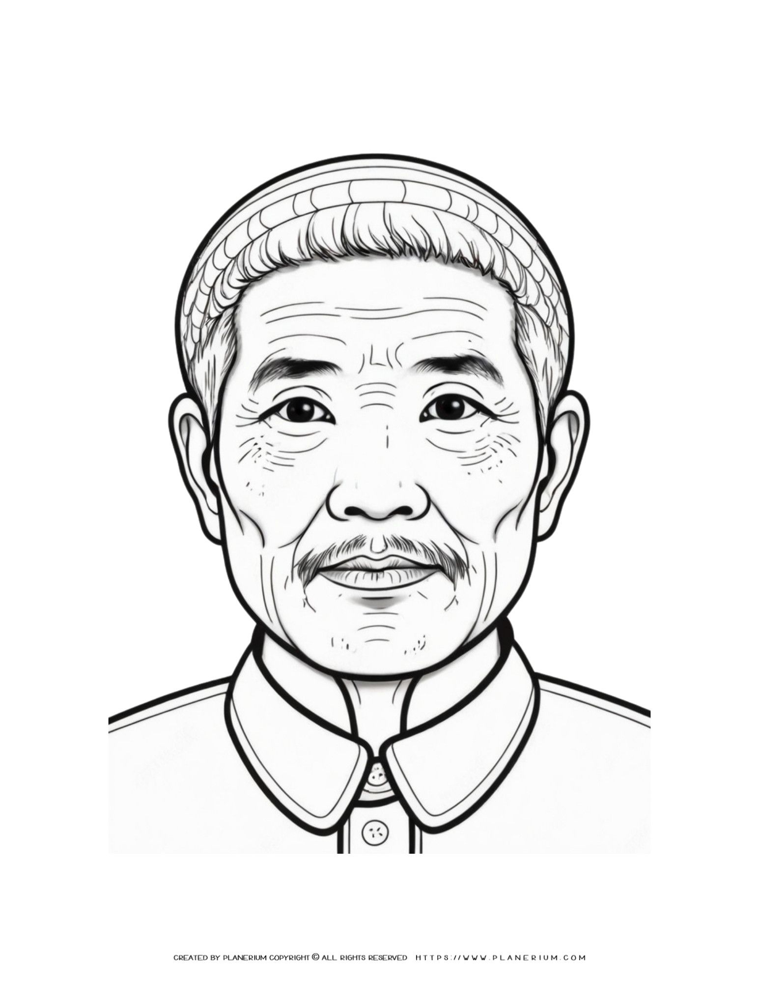 Asian Old Male Portrait Coloring Page - Front View | Adult Man Drawing