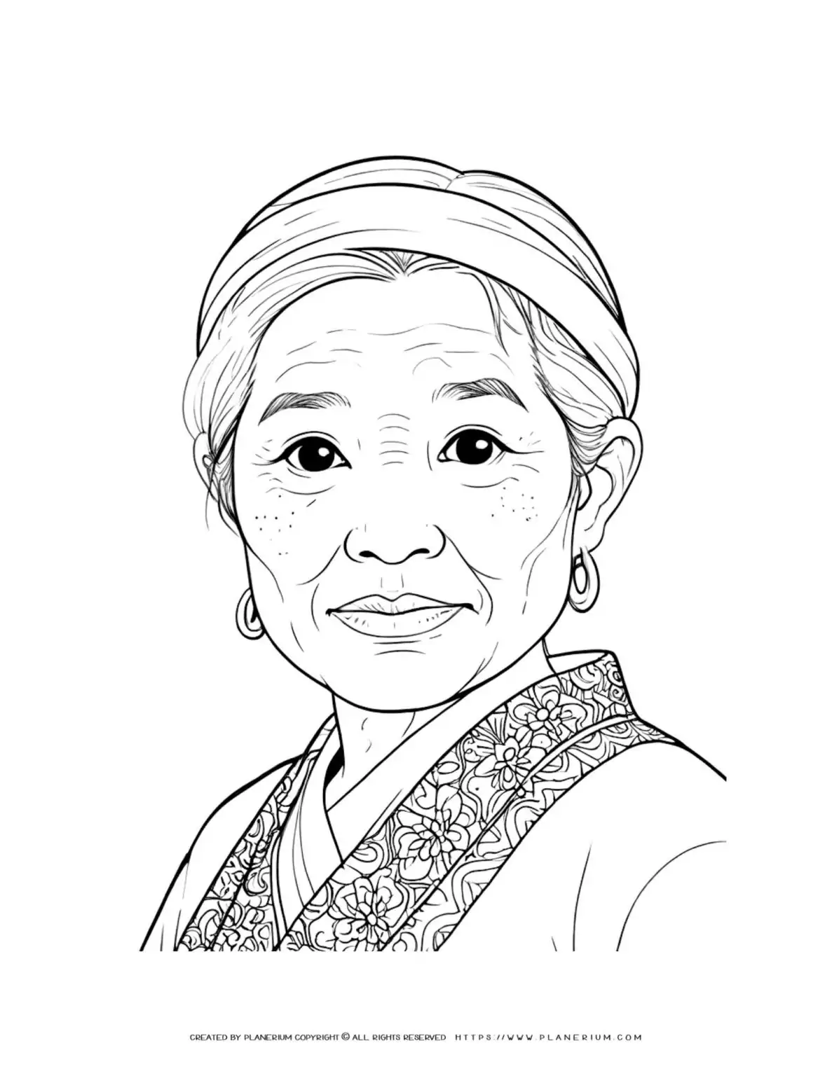 Asian elderly woman portrait coloring page for adults. Detailed line art of a senior lady. Perfect for relaxation and mindfulness coloring therapy.