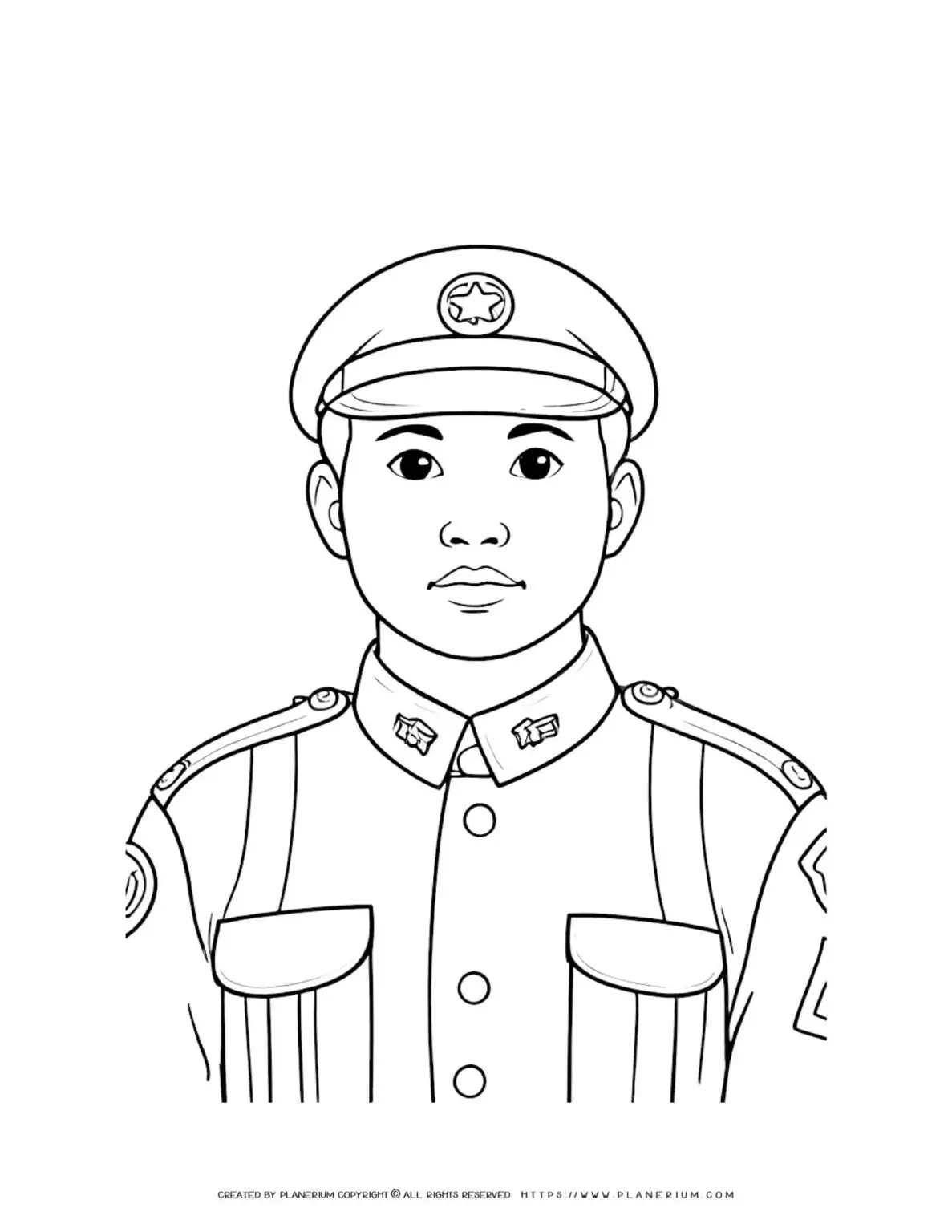 Asian soldier front view illustration coloring page for kids. Perfect for learning about different cultures and history. Ideal for educational use.