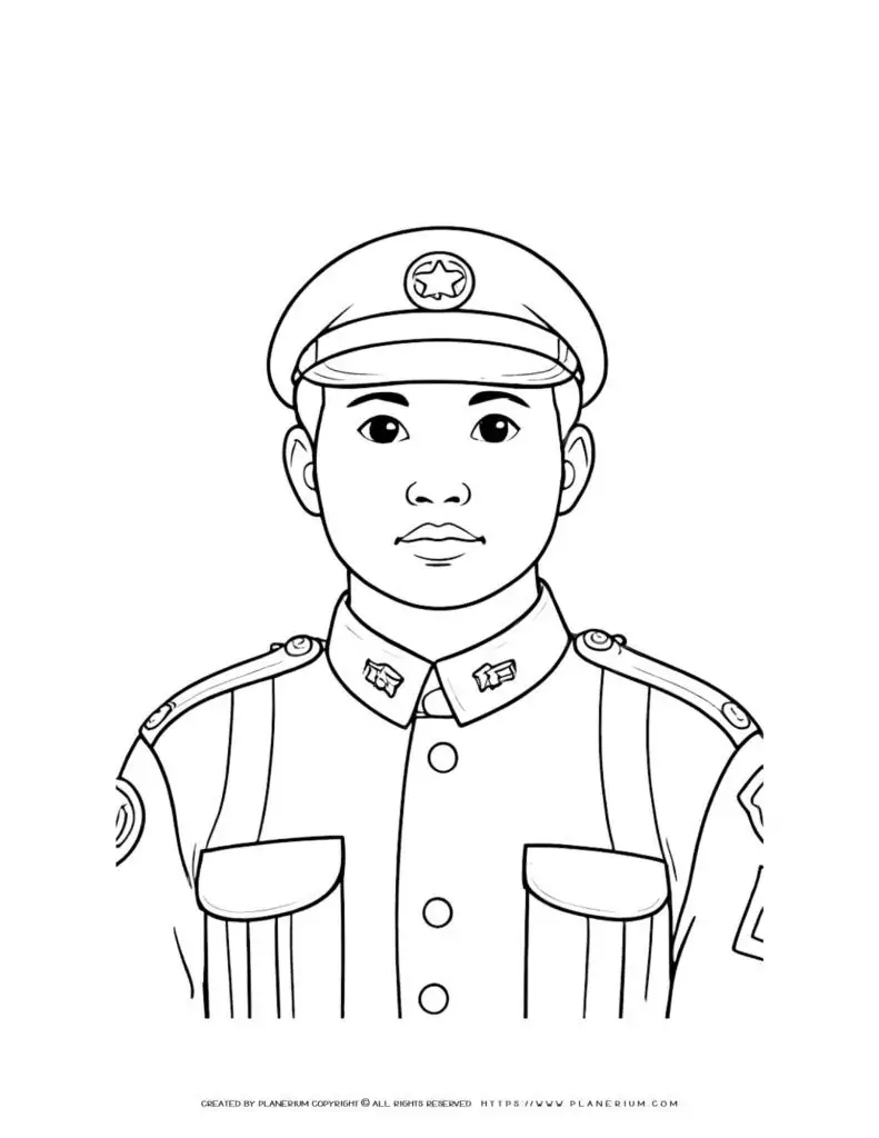 Asian soldier front view illustration coloring page for kids. Perfect for learning about different cultures and history. Ideal for educational use.