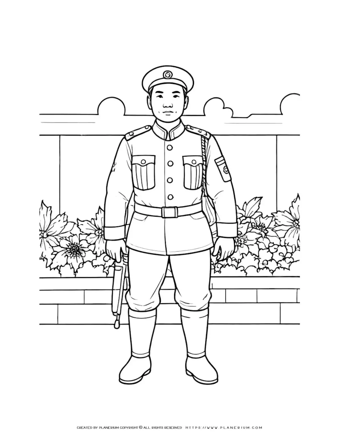 Asian soldier in uniform standing outdoors - full body coloring page for kids. Great for learning about different cultures and history.