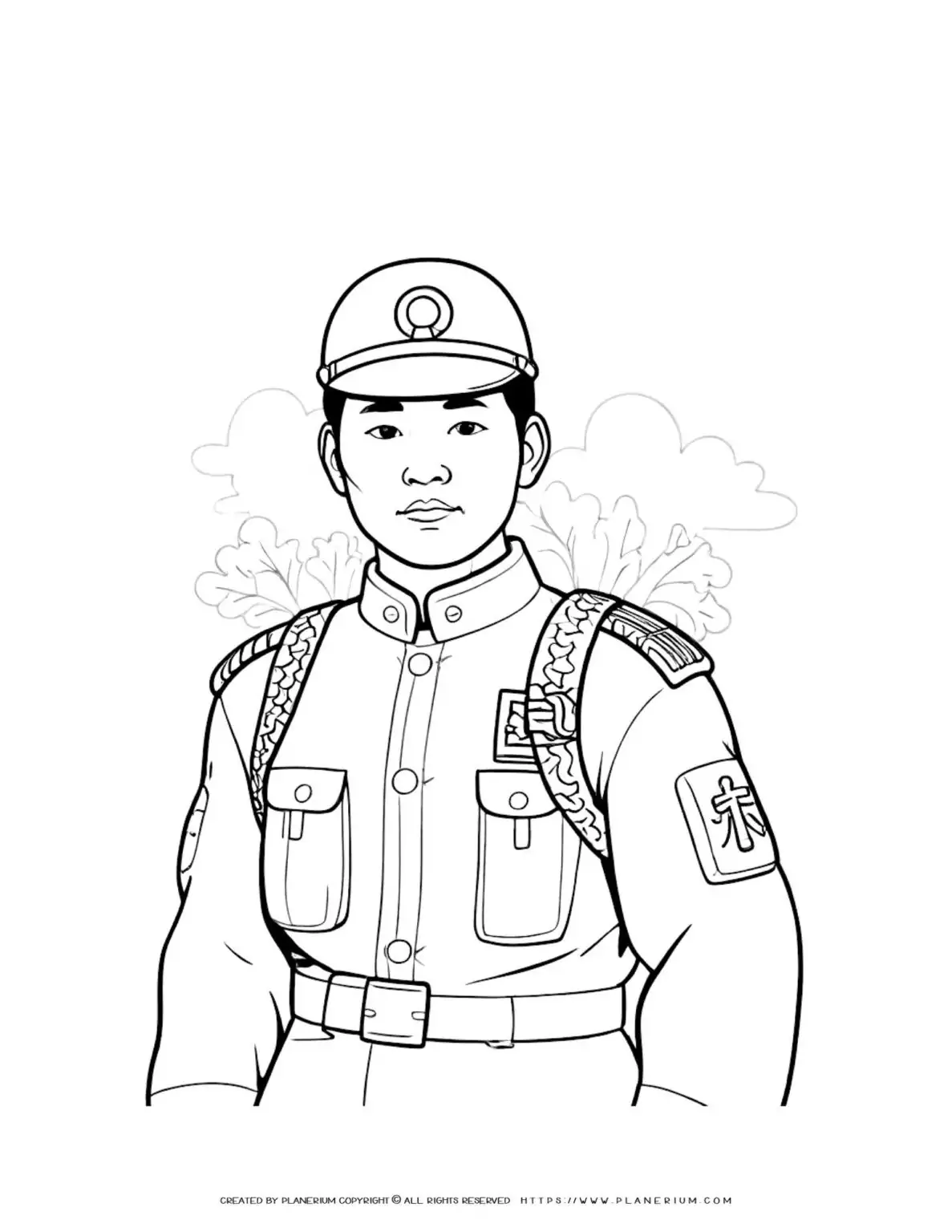 Asian soldier torso coloring page with uniform design for kids. Perfect for learning about different cultures and history. Great for educational use.