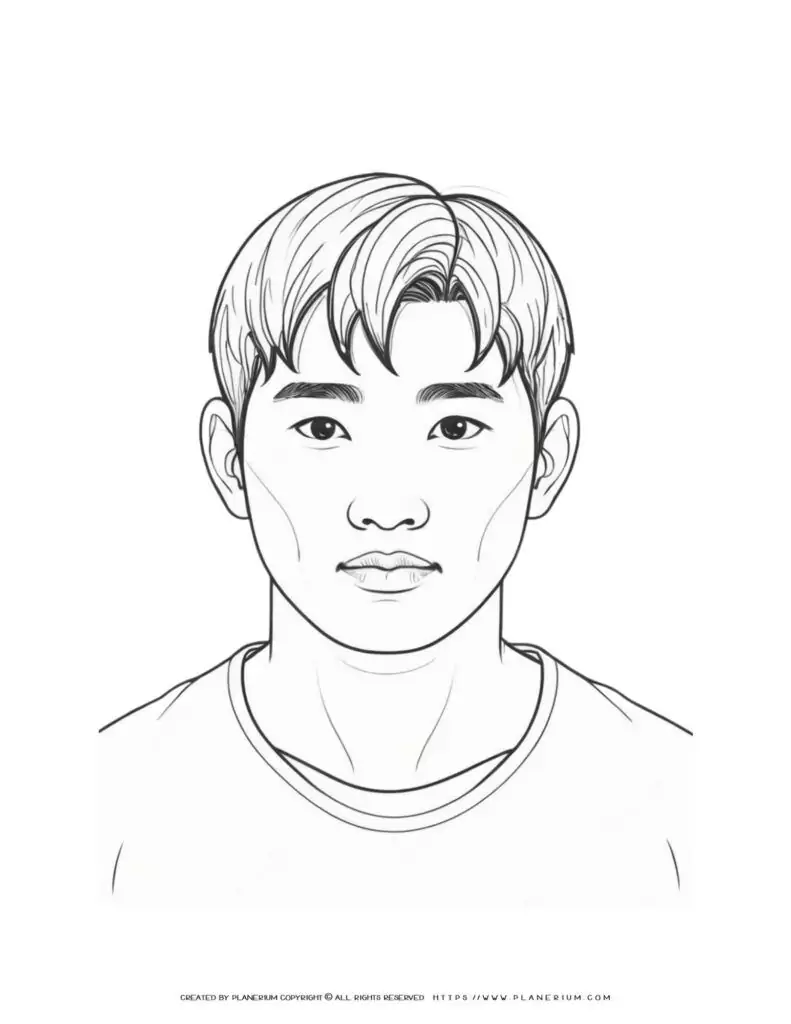 Asian male portrait illustration coloring page for kids. Perfect for art projects and creative activities. Ideal for developing fine motor skills.