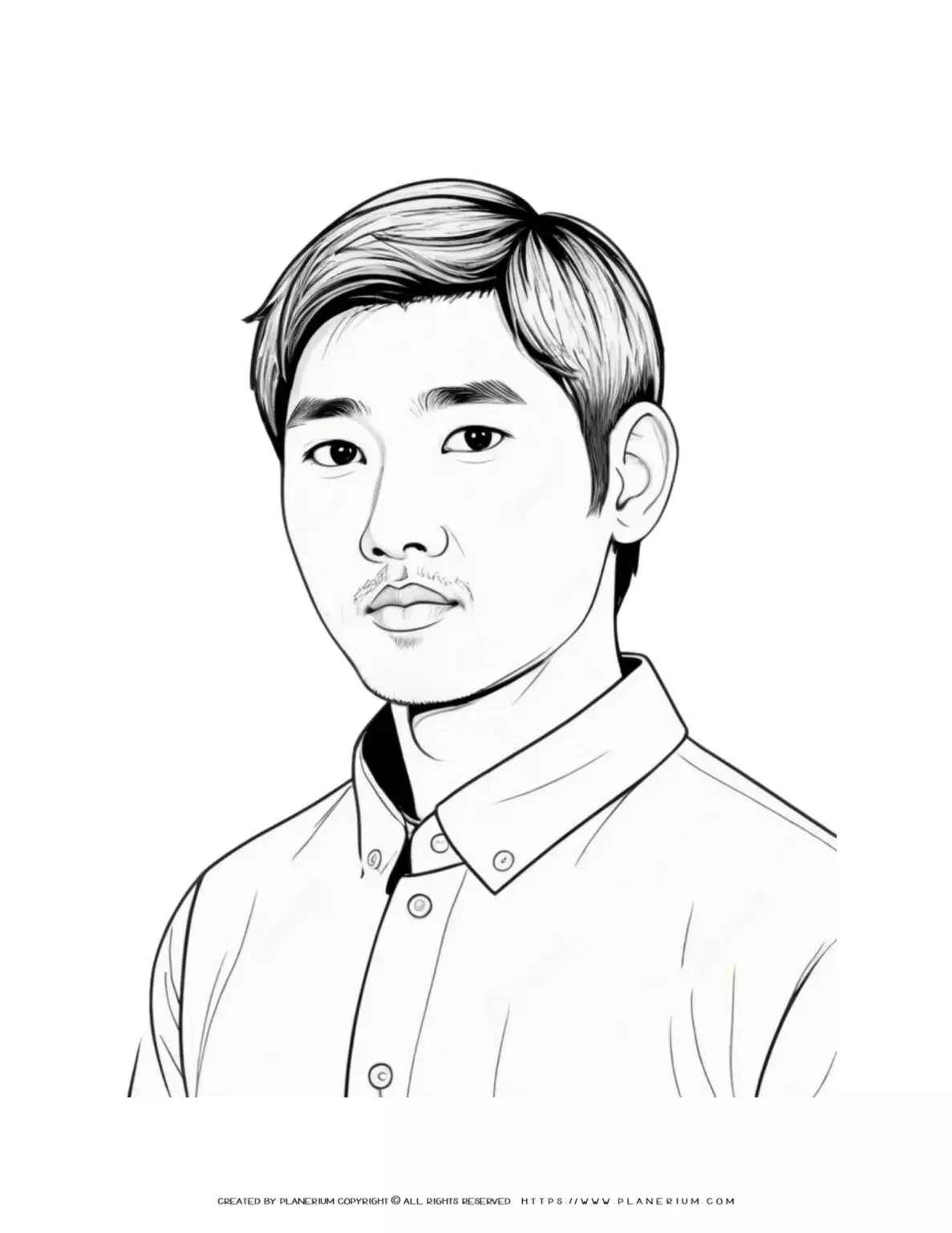 Asian young male portrait illustration in black and white, perfect for digital art projects and design inspiration.