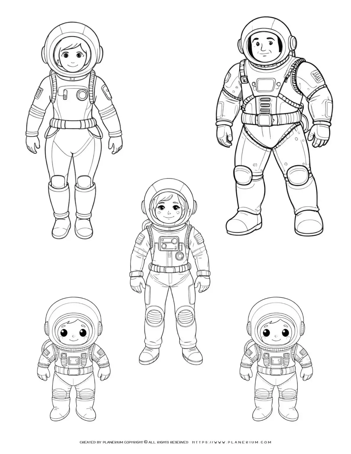 Astronaut family coloring page illustration for kids to enjoy. Perfect for space-themed activities and educational purposes.