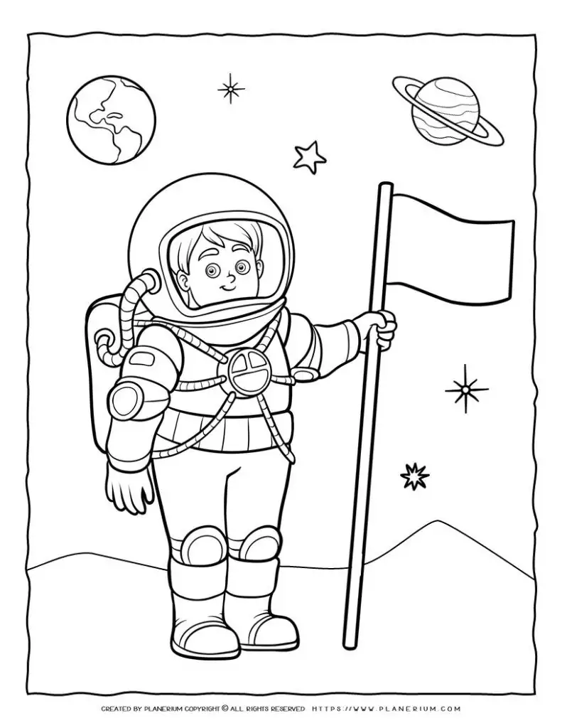 Astronaut holding flag on the moon coloring page