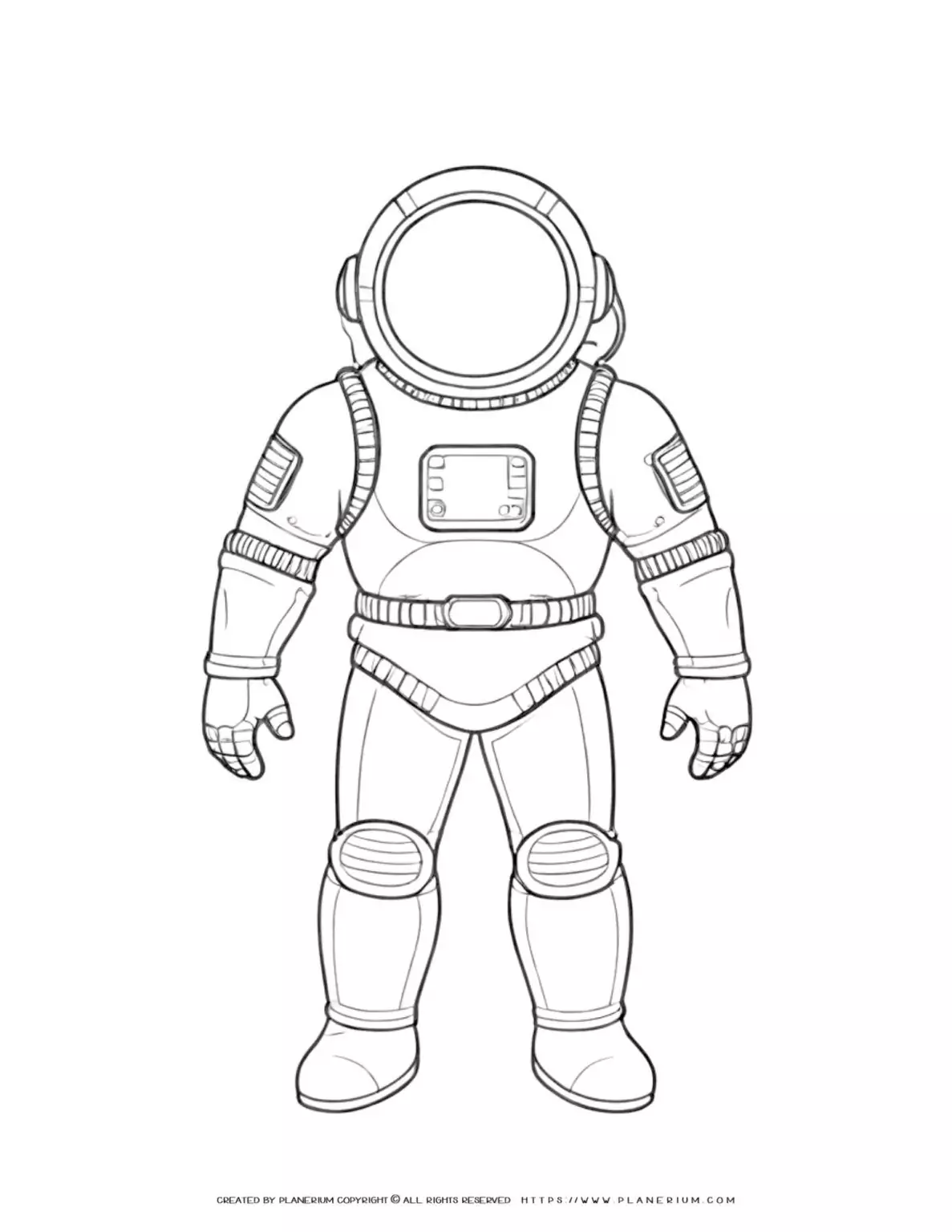 Astronaut suit coloring page for kids with outline design, perfect for space-themed activities and educational purposes.
