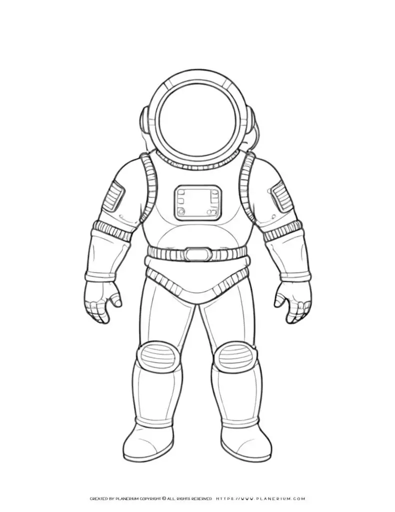 Astronaut suit coloring page for kids with outline design, perfect for space-themed activities and educational purposes.