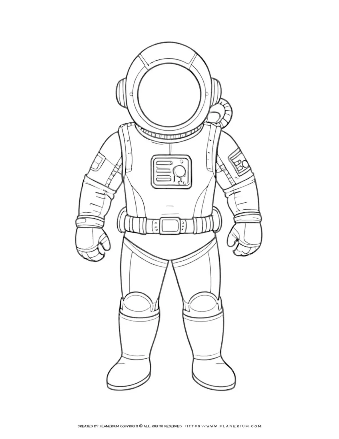Astronaut suit outline illustration coloring page for kids to enjoy and learn about space exploration. Perfect for educational use and creative activities.
